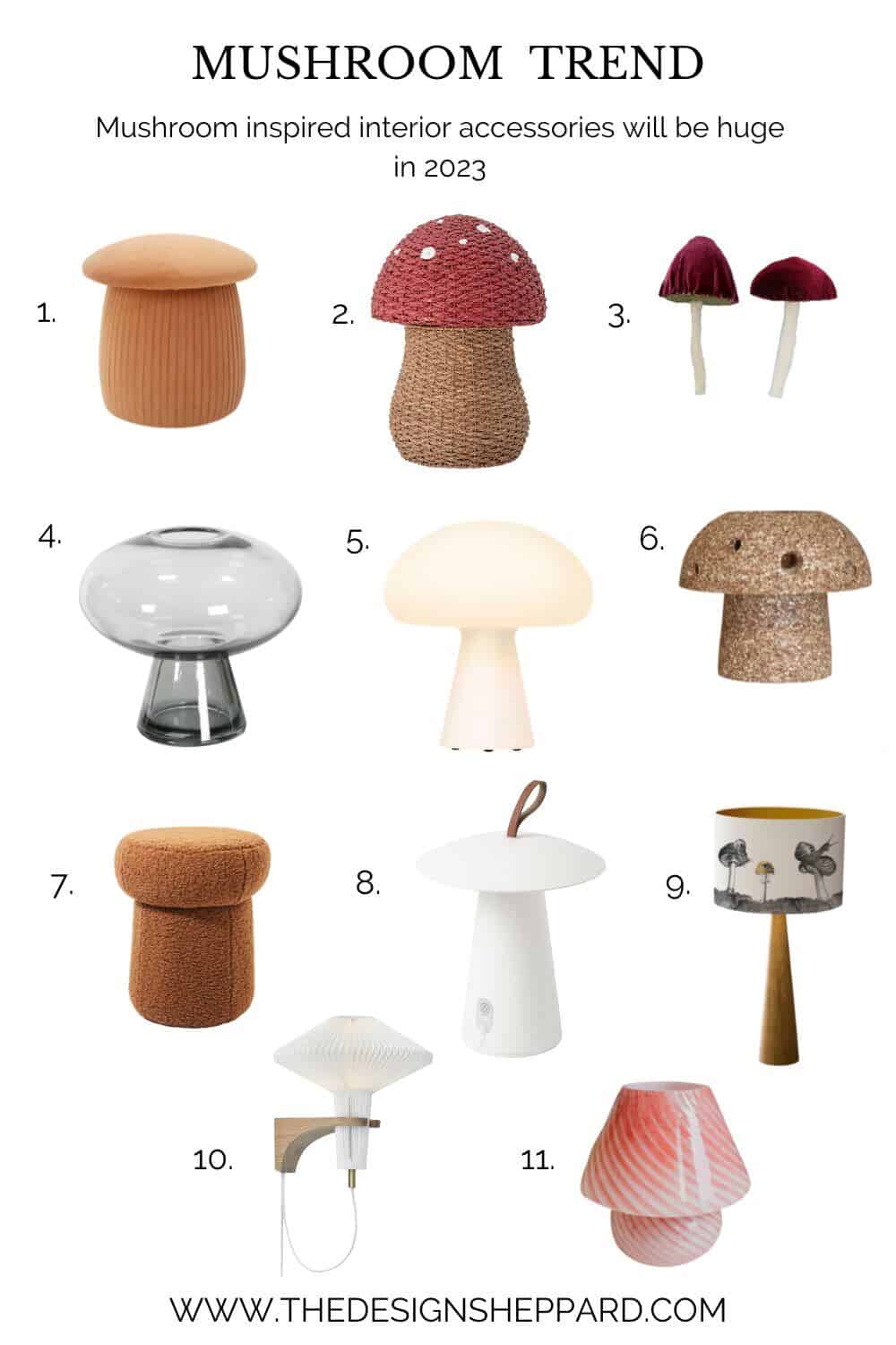 A selection of decor items shaped like mushrooms that illustrate the mushrooms interior trend