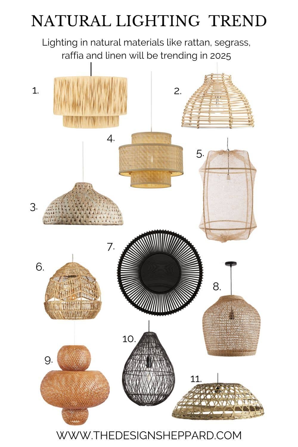 A selection of ceiling lights made from natural materials like linen, seagrass, raffia and wicker