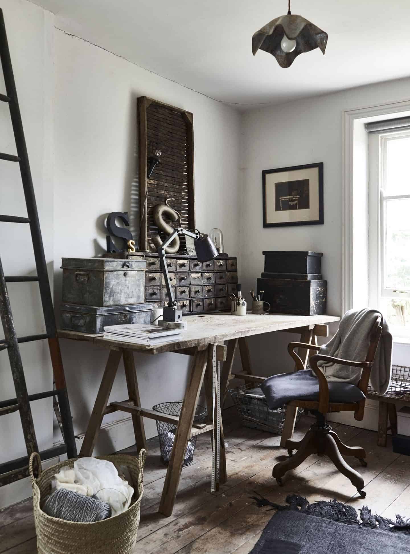 Natural Living Style by Selina Lake. An industrial style office featuring a trestle table, metals storage boxes, large typographic decorative items and an old wooden chair.