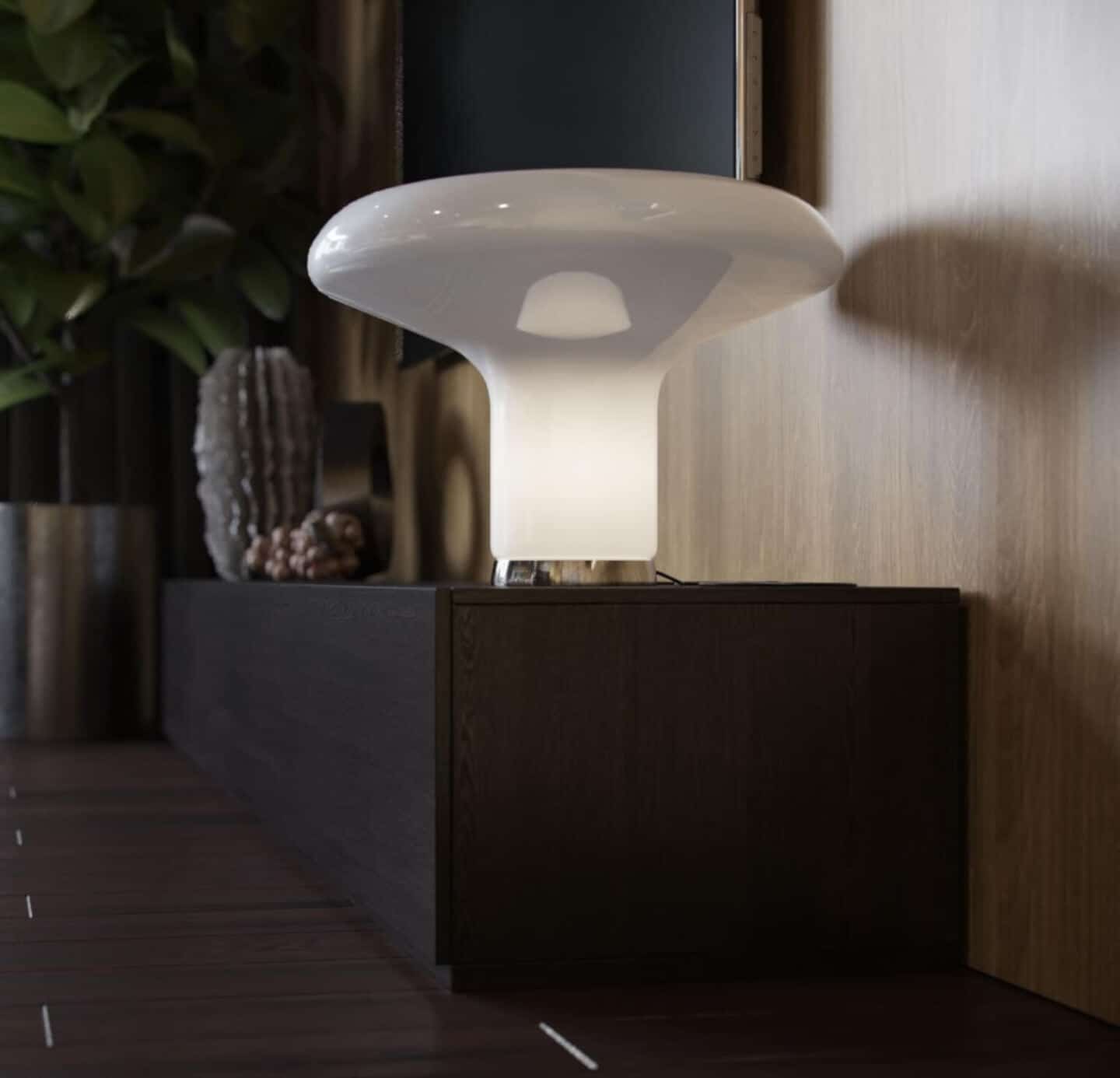 A mushroom shaped table lamp depicts the mushrooms interior trend