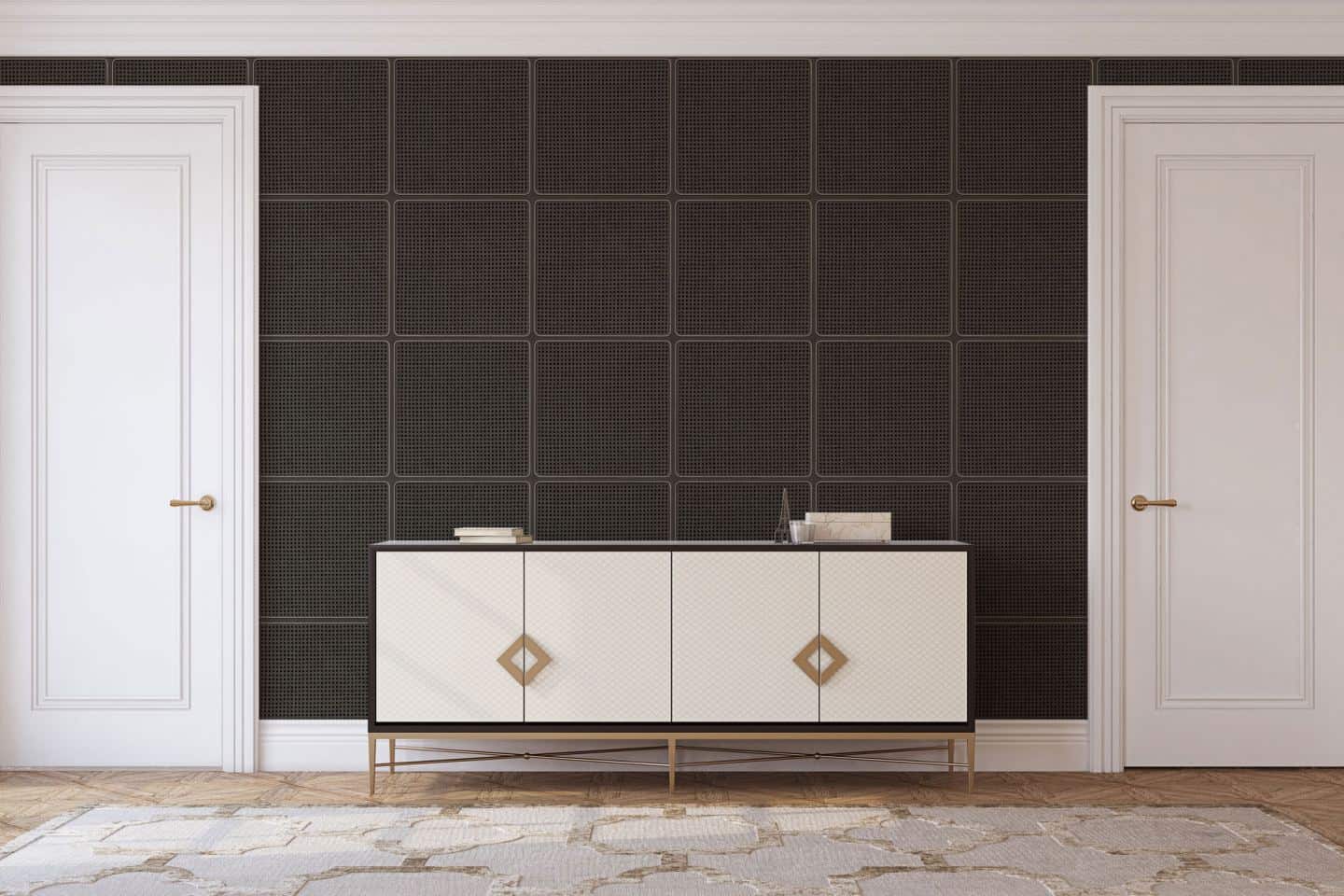 Black cane webbing wallpaper from NLXL used as a statement wall behind a sideboard