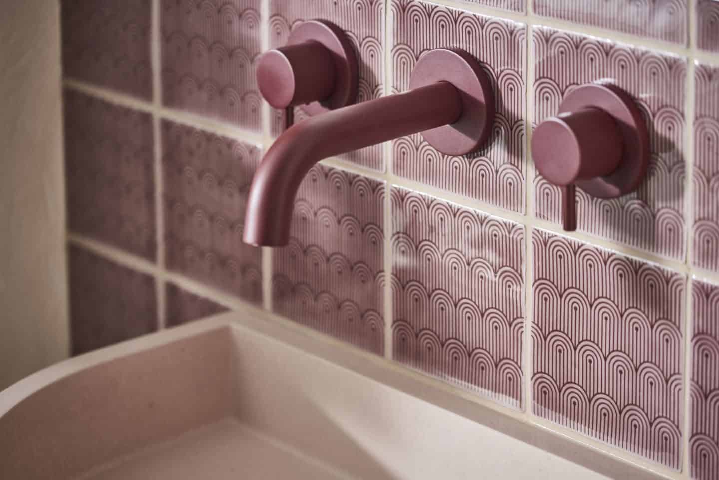 Original Style and 2LG Deco Tayberry Tile of the Year 2020 with berry coloured wall mounted bathroom tap