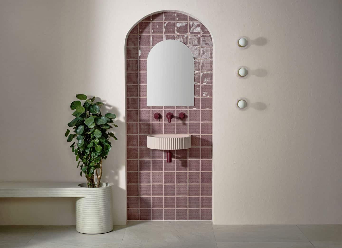 Original Style and 2LG Deco Tayberry Tile of the Year 2020 in a beautiful blush bathroom setting