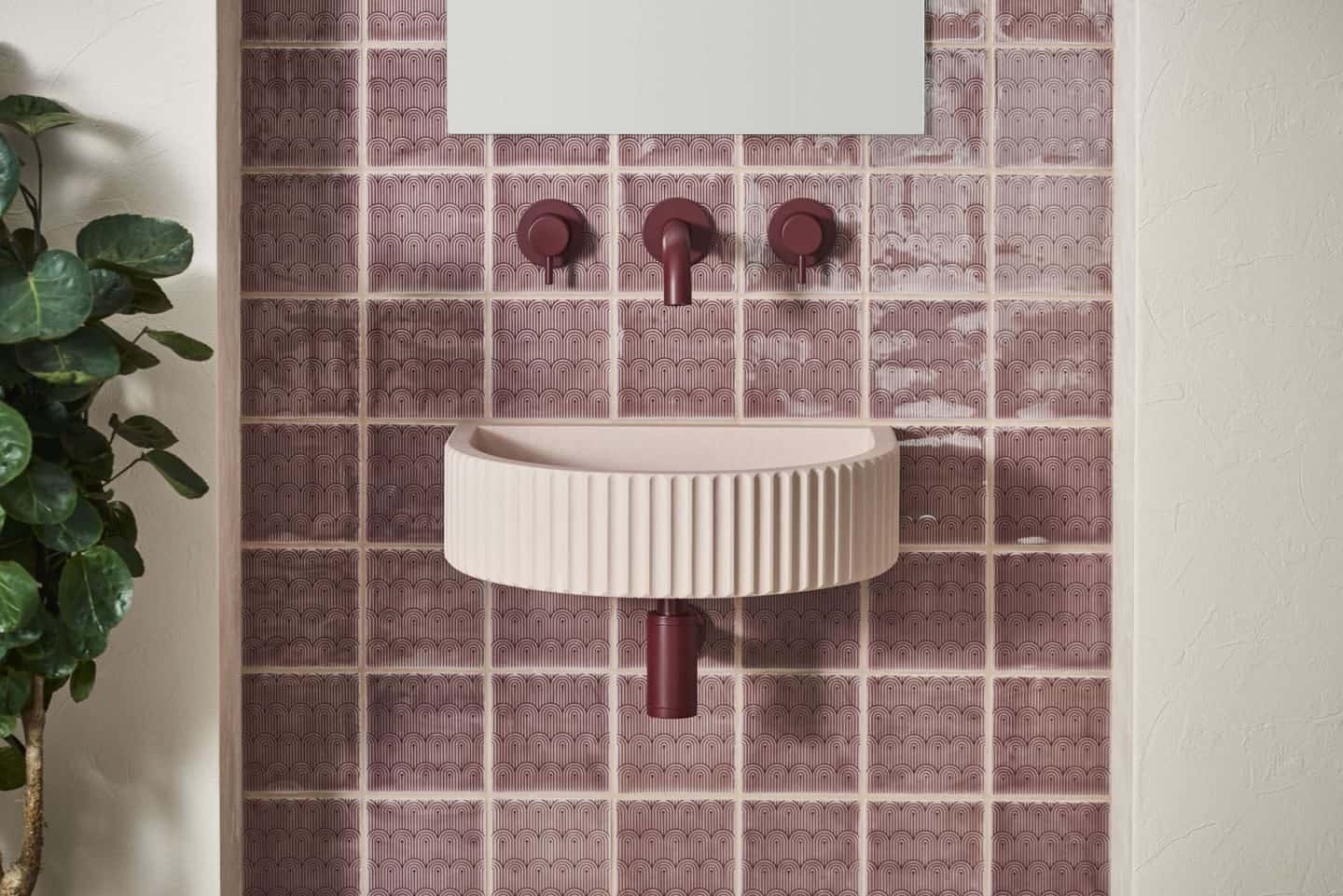 Original Style and 2LG Deco Tayberry Tile of the Year 2020 provide the background for this beautiful blush concrete basin from Kast.