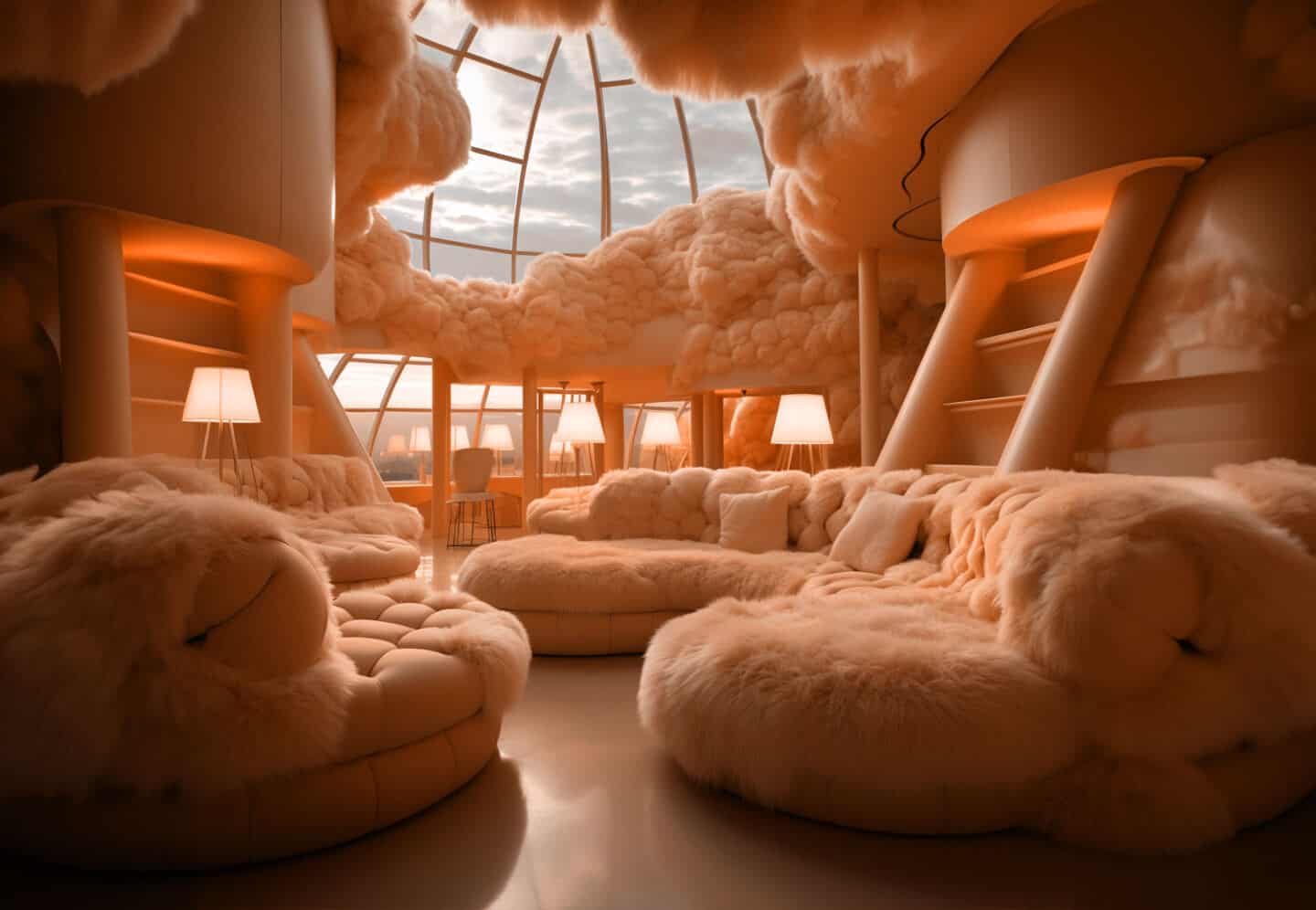 A room with huge curved windows featuring cloudlike fluffy furniture in Pantone colour of the year 2024 Peach Fuzz