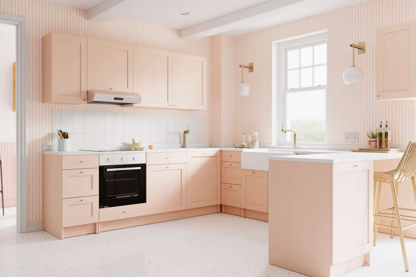 A peach kitchen featuring striped peach wallpaper