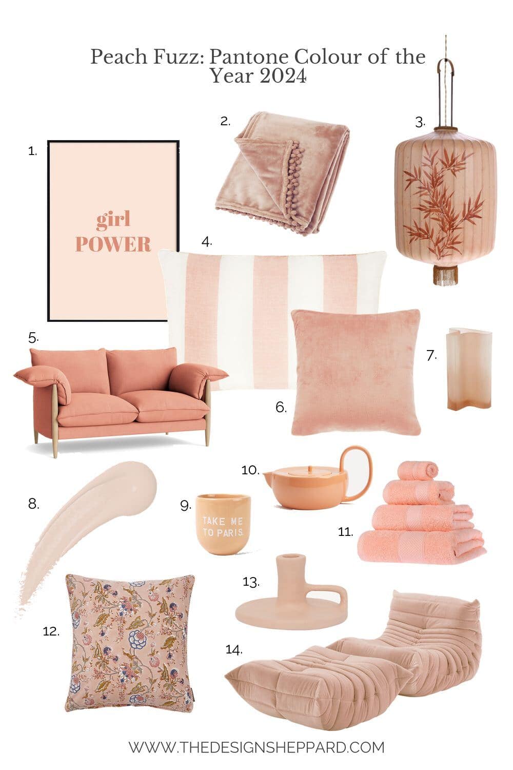 A moodboard featuring homewares in Pantone Colour of the Year 2024 Peach Fuzz