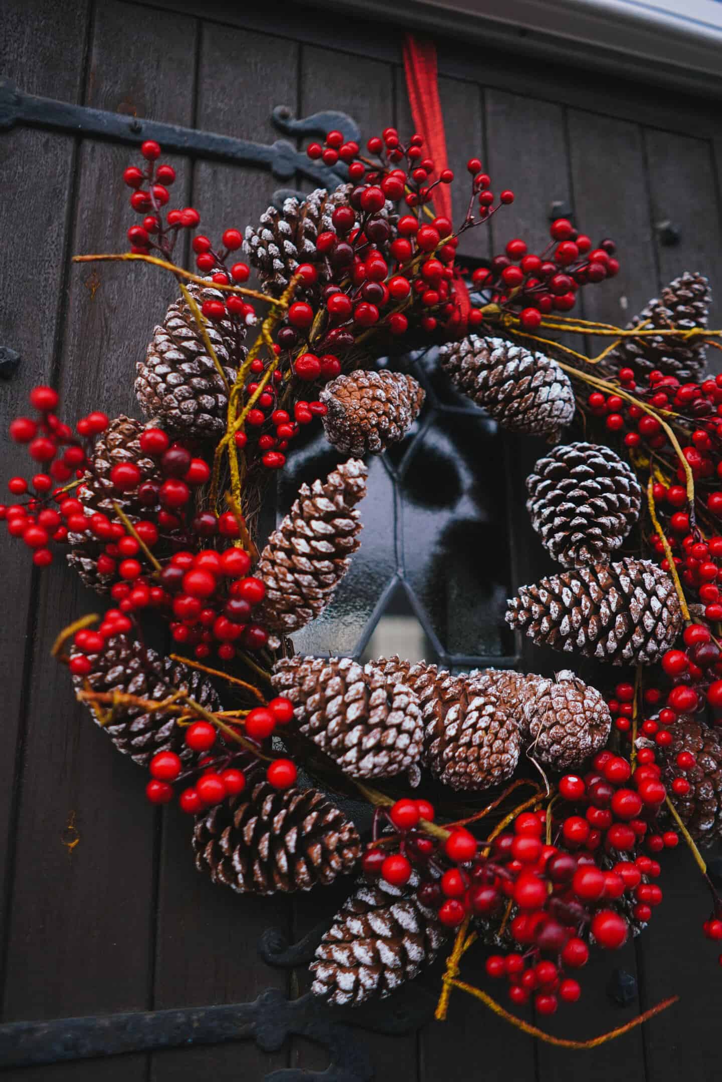 A Christmas wreath made from berries and pine cones hanging on a front door