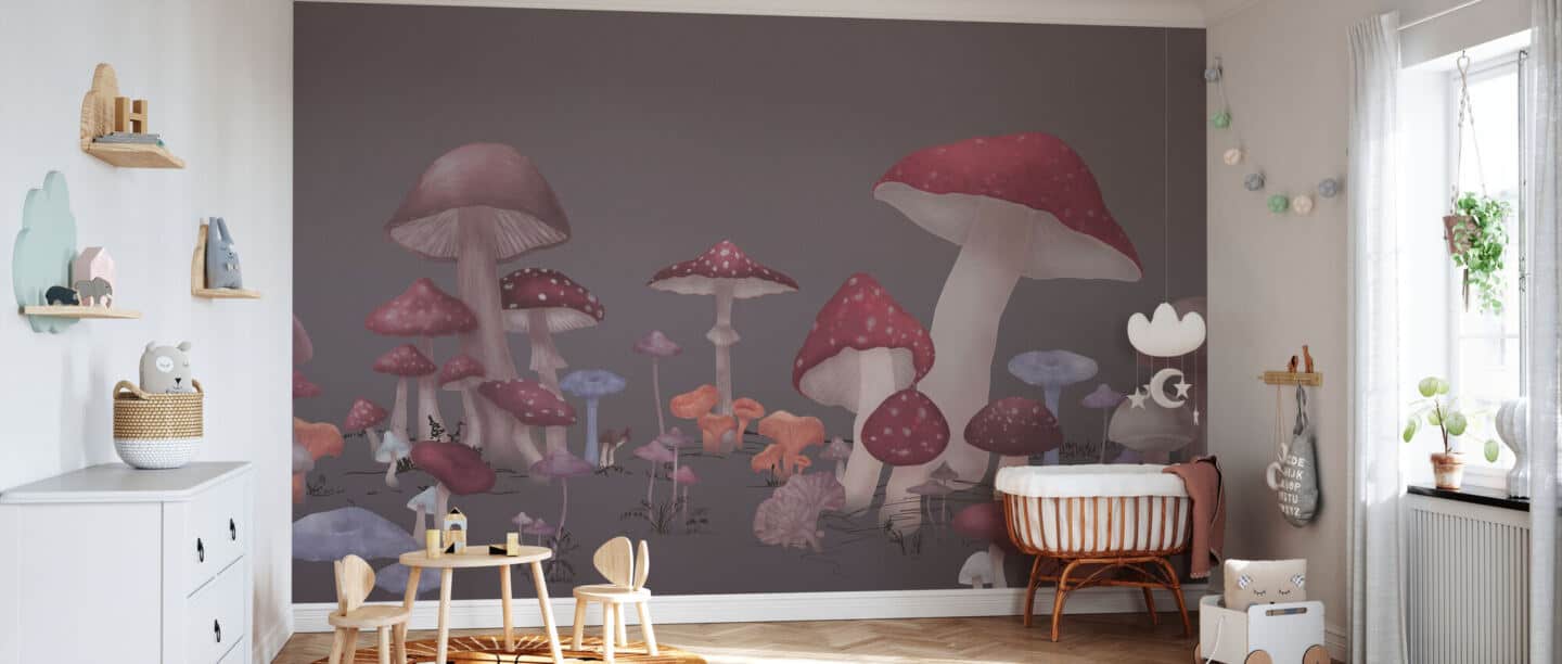 A large wall mural featuring woodland mushrooms in a child's bedroom