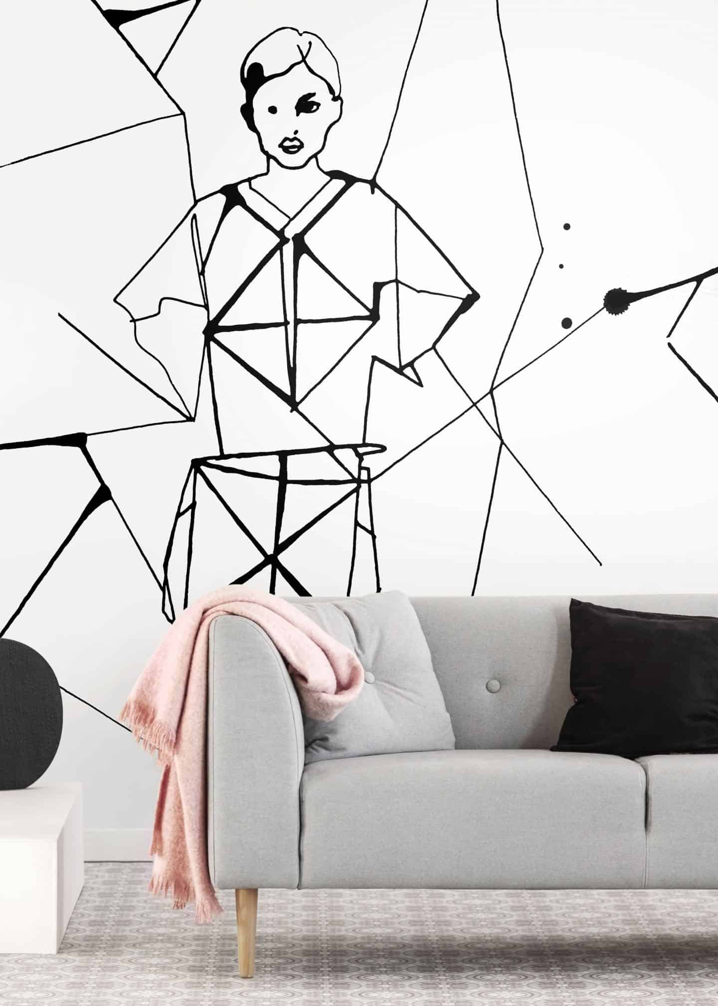 {Pleated Beauty, a black and white fashion illustration by Stina Wirsén available as a illustrated wallpaper from Photowall.