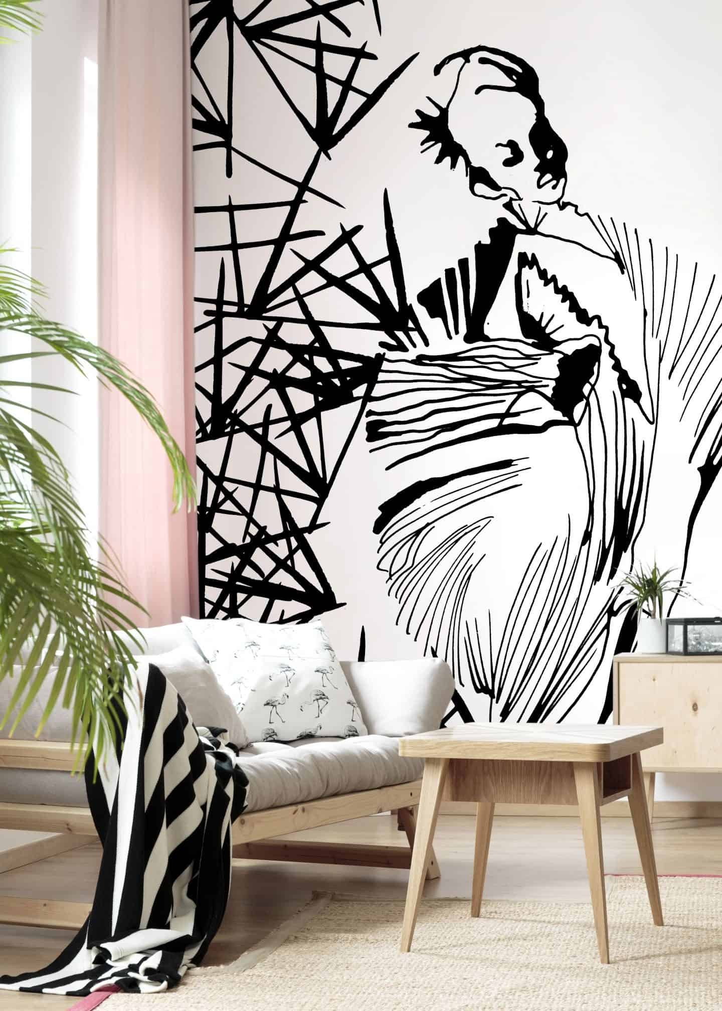 Pleated Beauty, a black and white fashion illustration by Stina Wirsén available as a illustrated wallpaper from Photowall.