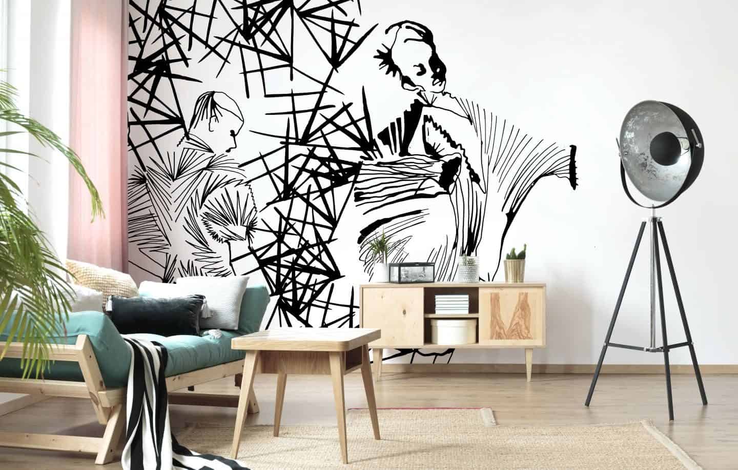 Pleated beauty, a black and white fashion illustration by Stina Wirsén available as a illustrated wallpaper from Photowall.