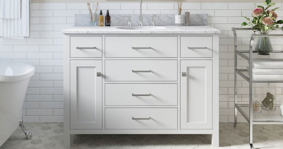 Arielbath white vanity with white metro tile wall behind