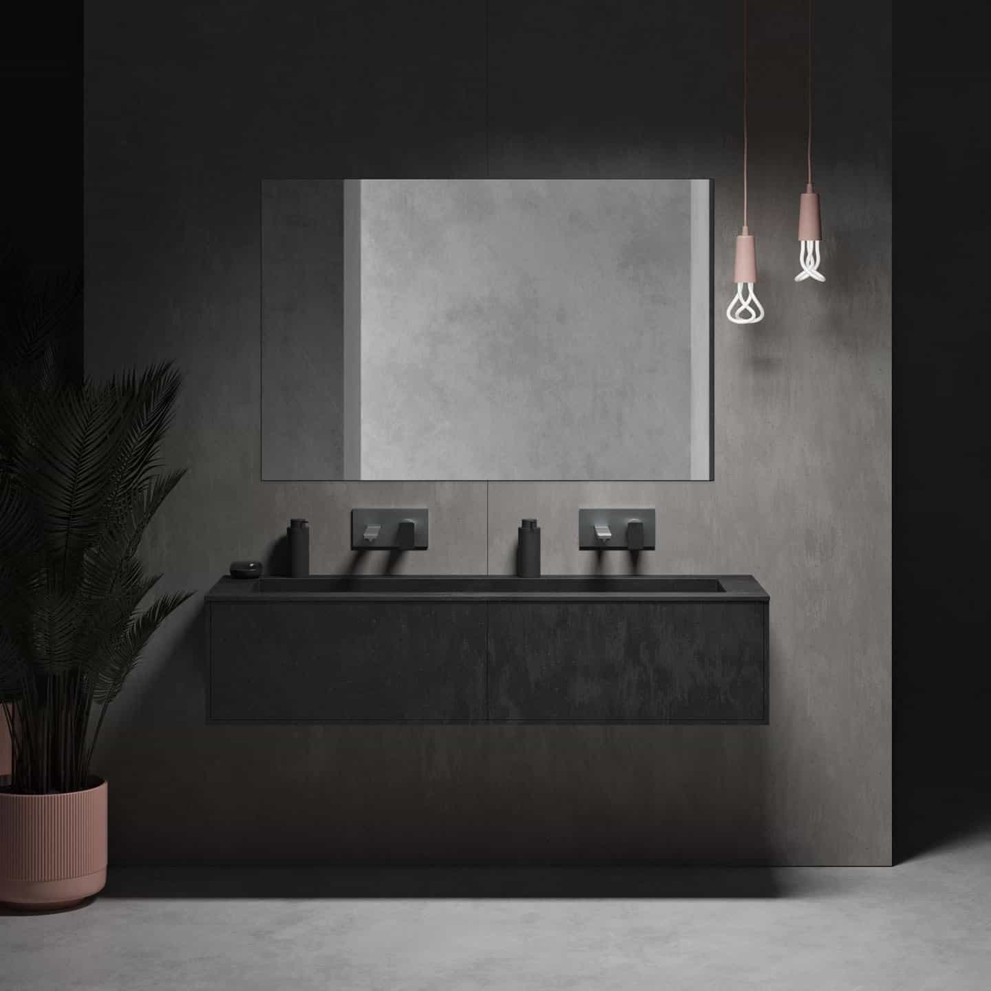 New Coloured Corian Bathroom Collection from Riluxa. Double wallhung corian bathroom basin with mirror over.