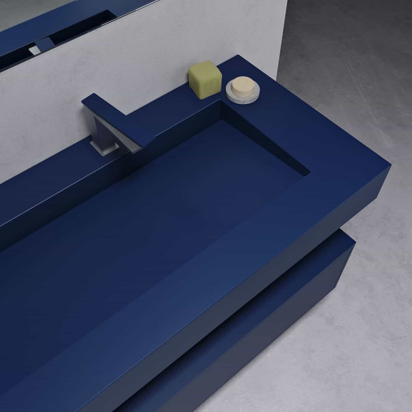 New Coloured Corian Bathroom Collection from Riluxa. Blue wallhung corian bathroom basin