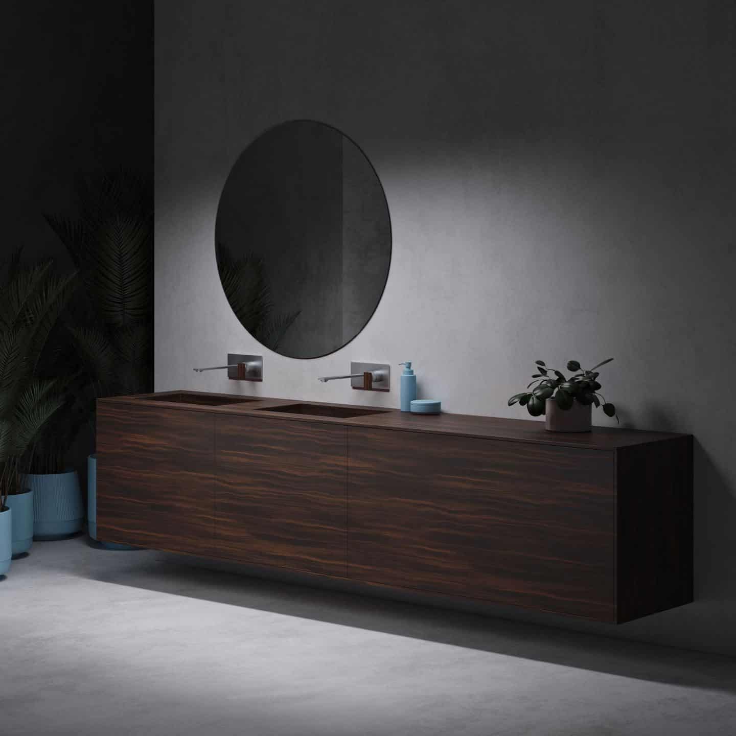 New Coloured Corian Bathroom Collection from Riluxa. Wood effect corin bathroom basin with wall-mounted tap above.