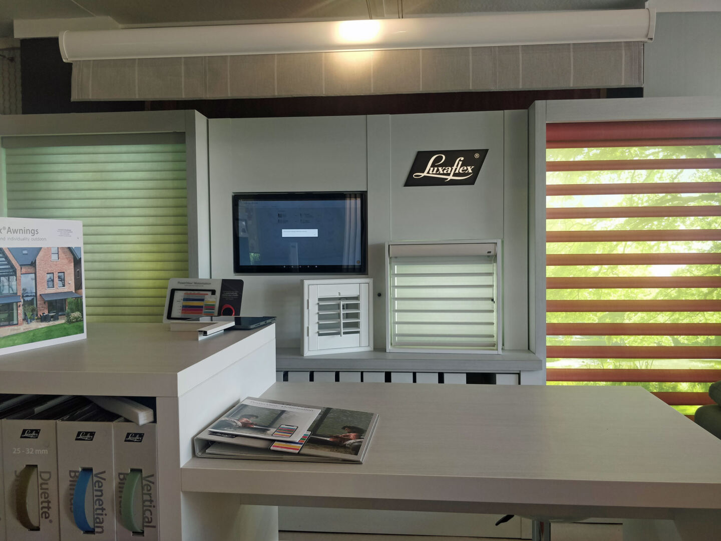 A selection of window blind samples seen at Luxaflex Dealer Ronald Kirby & Son in Newton Poppleford, Devon