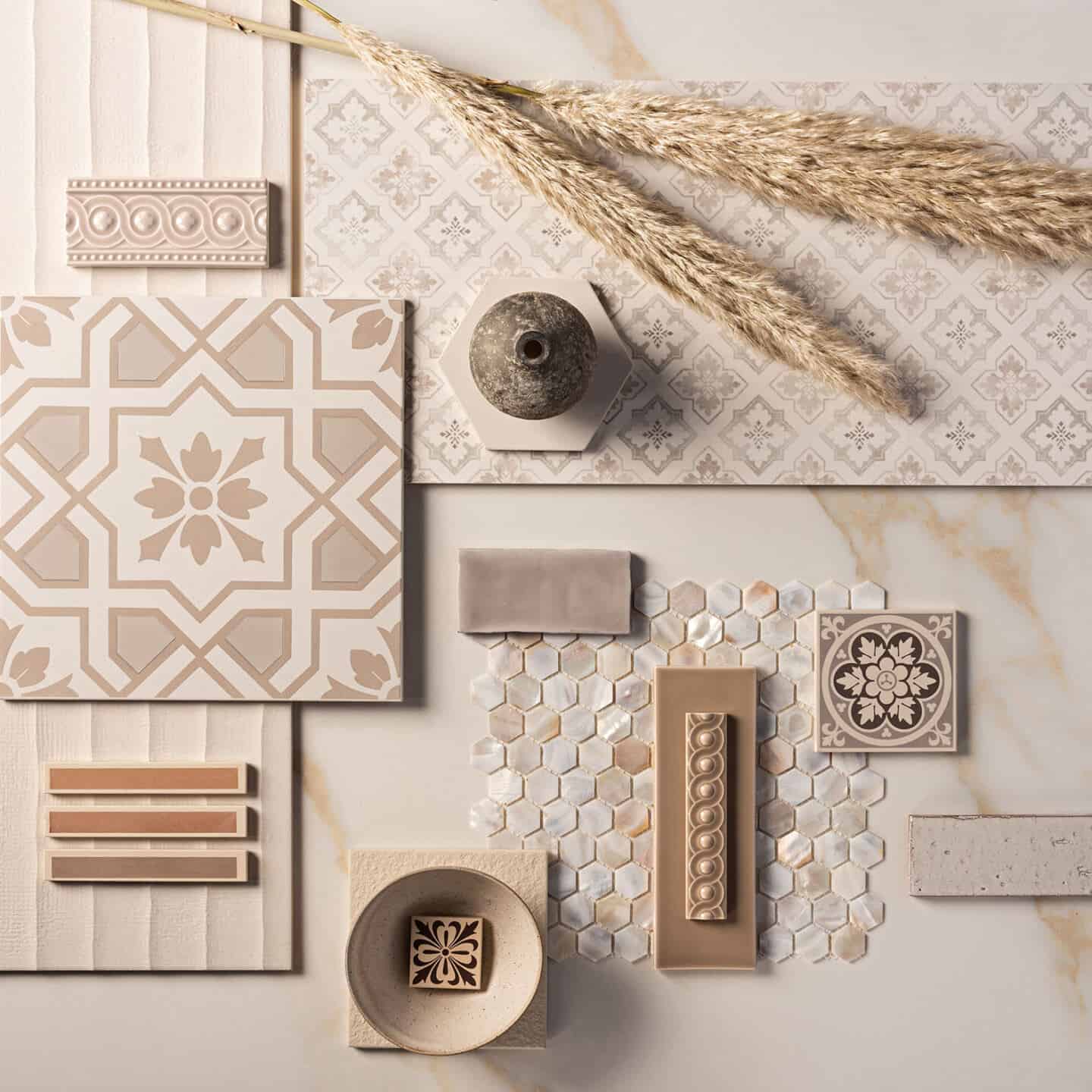 Interiors Trends for 2021- Sanctuary - Original Style Mood Board showing beige tiles, a small textured vase and some pampas grass