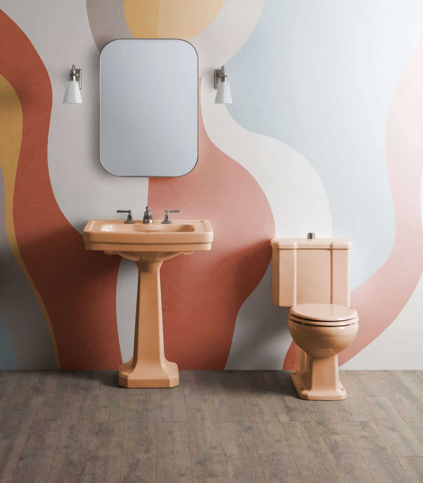 A peach bathroom sink and toilet from Sbordoni Ceramica 