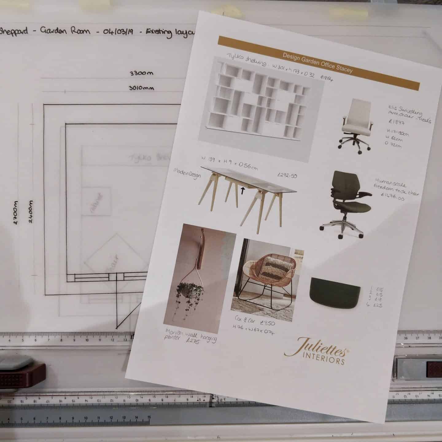 Selecting furniture for an interior design moodboard at Juliette's Interior Design School in London