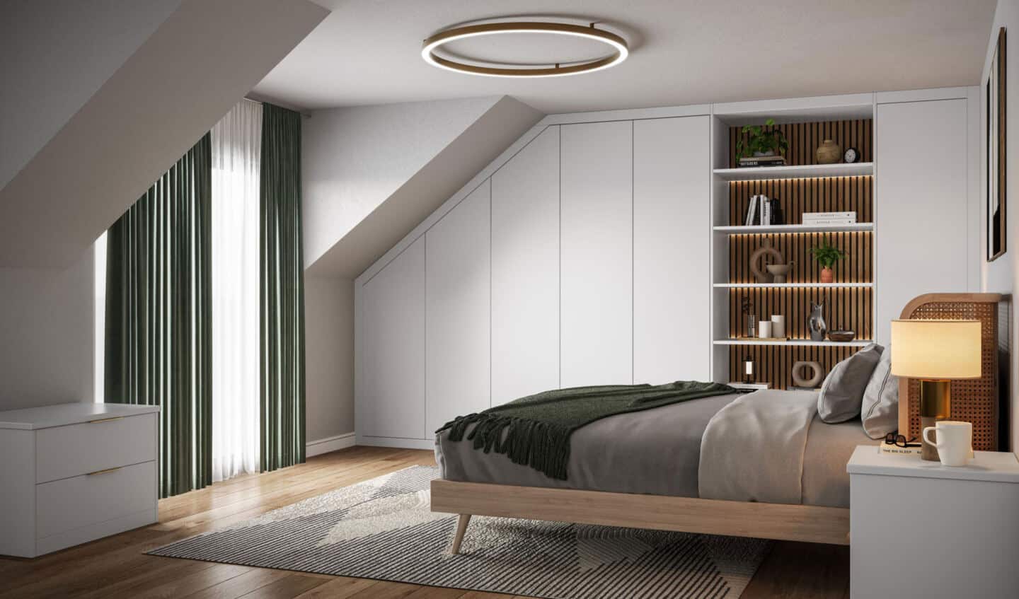 A bedroom in a loft with built-in wardrobes that go into the eaves