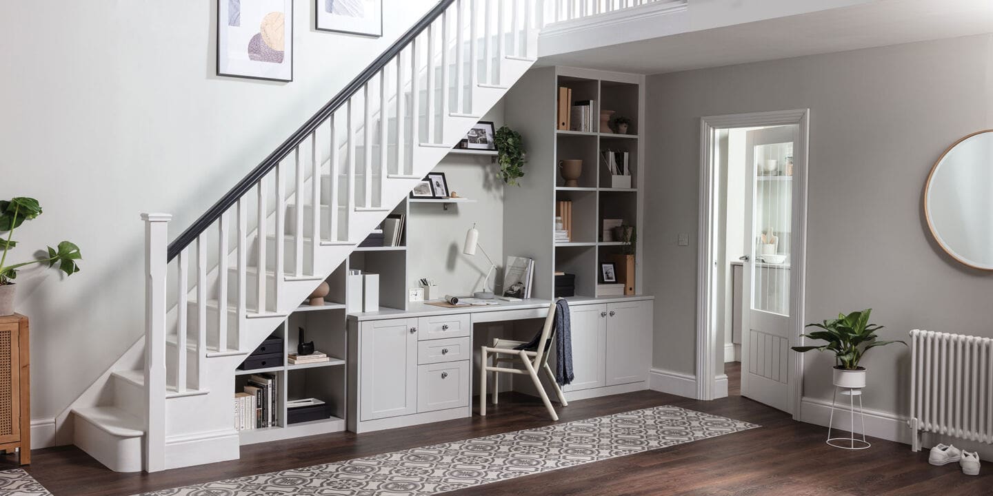 A built-in home office under the stairs