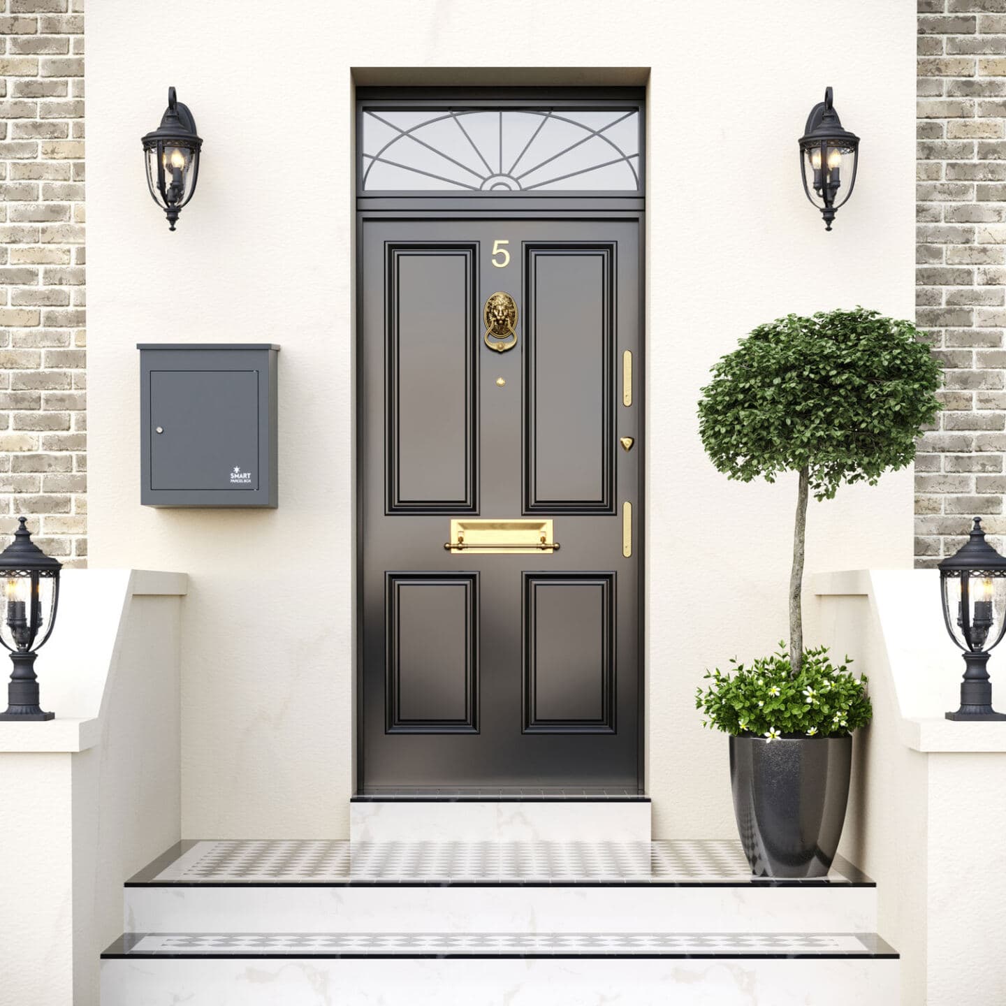 Black front door with patterned tiles in front. A dark grey parcel box is on the wall beside it. 