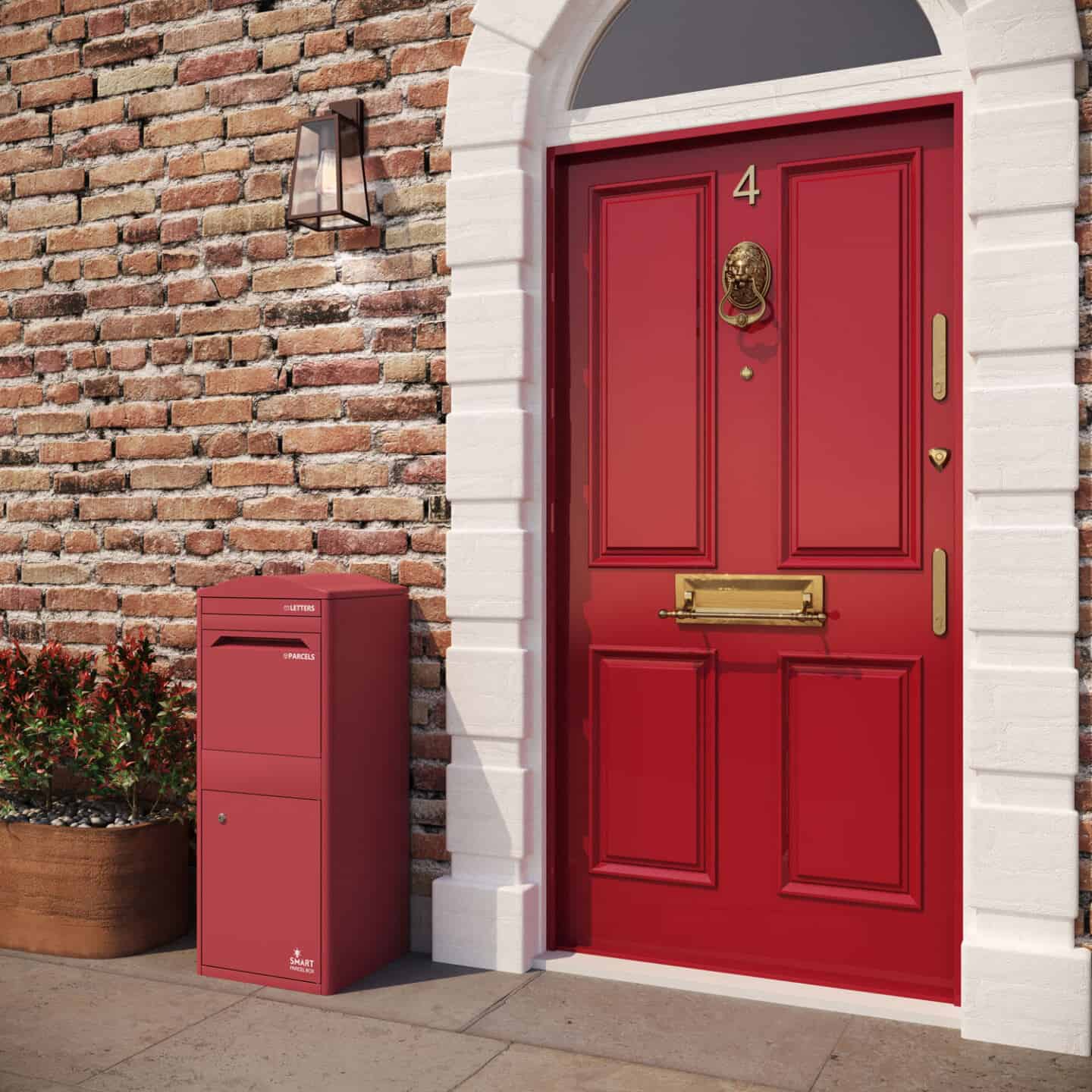 Black front door of a brick house. A red parcel box is next to the door