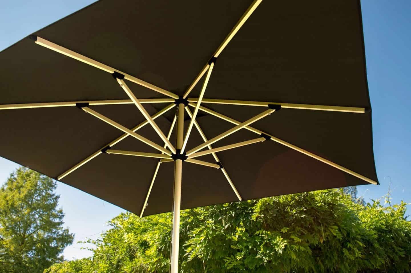 Garden Parasol from Solero Parasols.  The view of the spokes beneath the parasol.