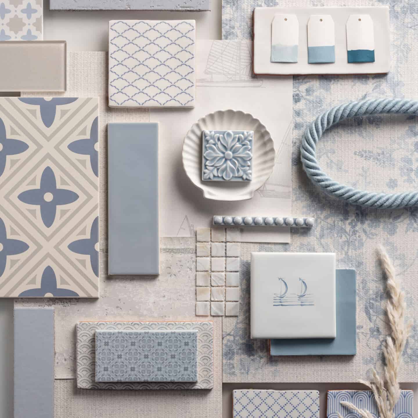 Interiors Trends for 2021- Staycation - Original Style Mood Board showing blue and white tiles, a ceramic scallop shell and some blue rope