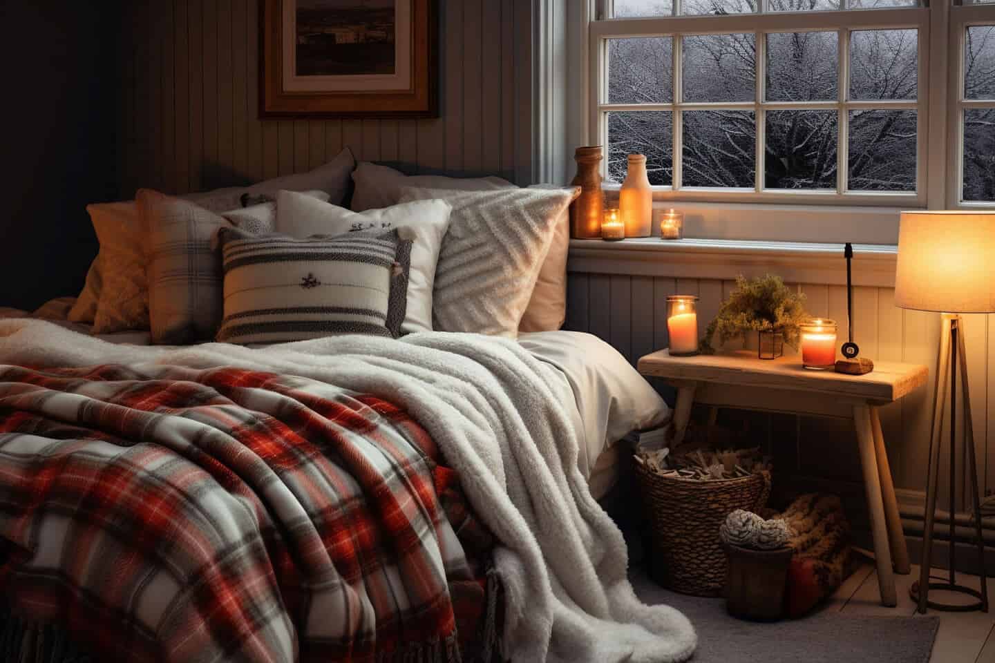 A cosy candlelit bedroom in winter featuring fluffy fleece bedding and pillows