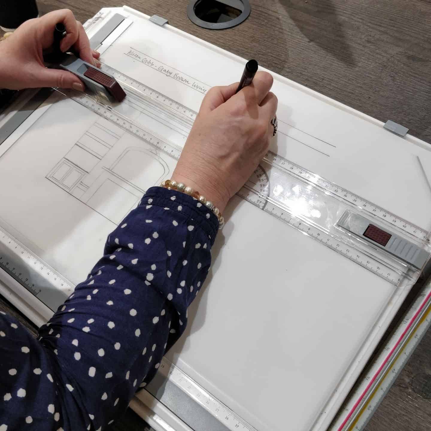 Technical scale drawings at Juliette's Interior Design School in London