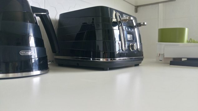 The Design Sheppard Kitchen Makeover featuring black De'Longhi kettle and toaster