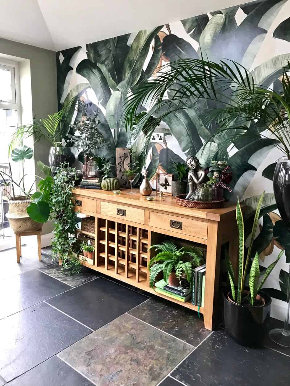 Biophilia in design shown in a kitchen that is full of plants and botanical wallpaper