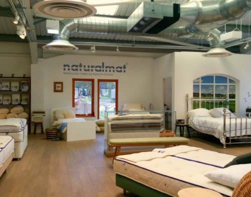 The Naturalmat Showroom in Topsham in Devon showcasing a selection of organic mattresses and bedding and a variety of beds