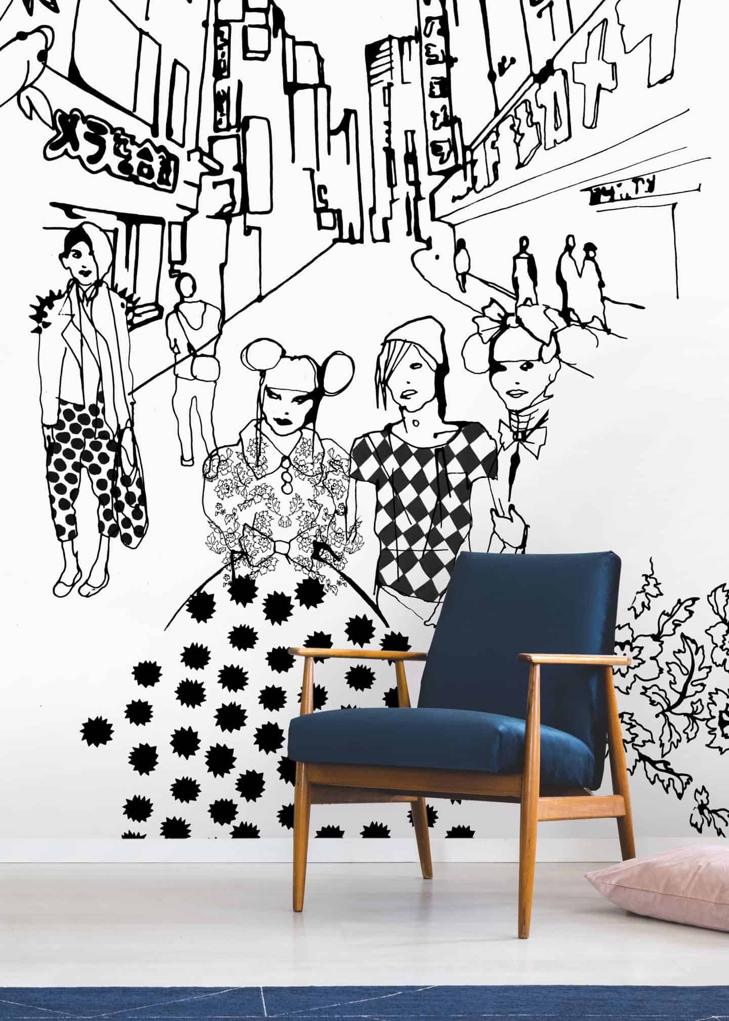 Tokyo, a black and white travel-inspired illustration by Stina Wirsén available as a illustrated wallpaper from Photowall.