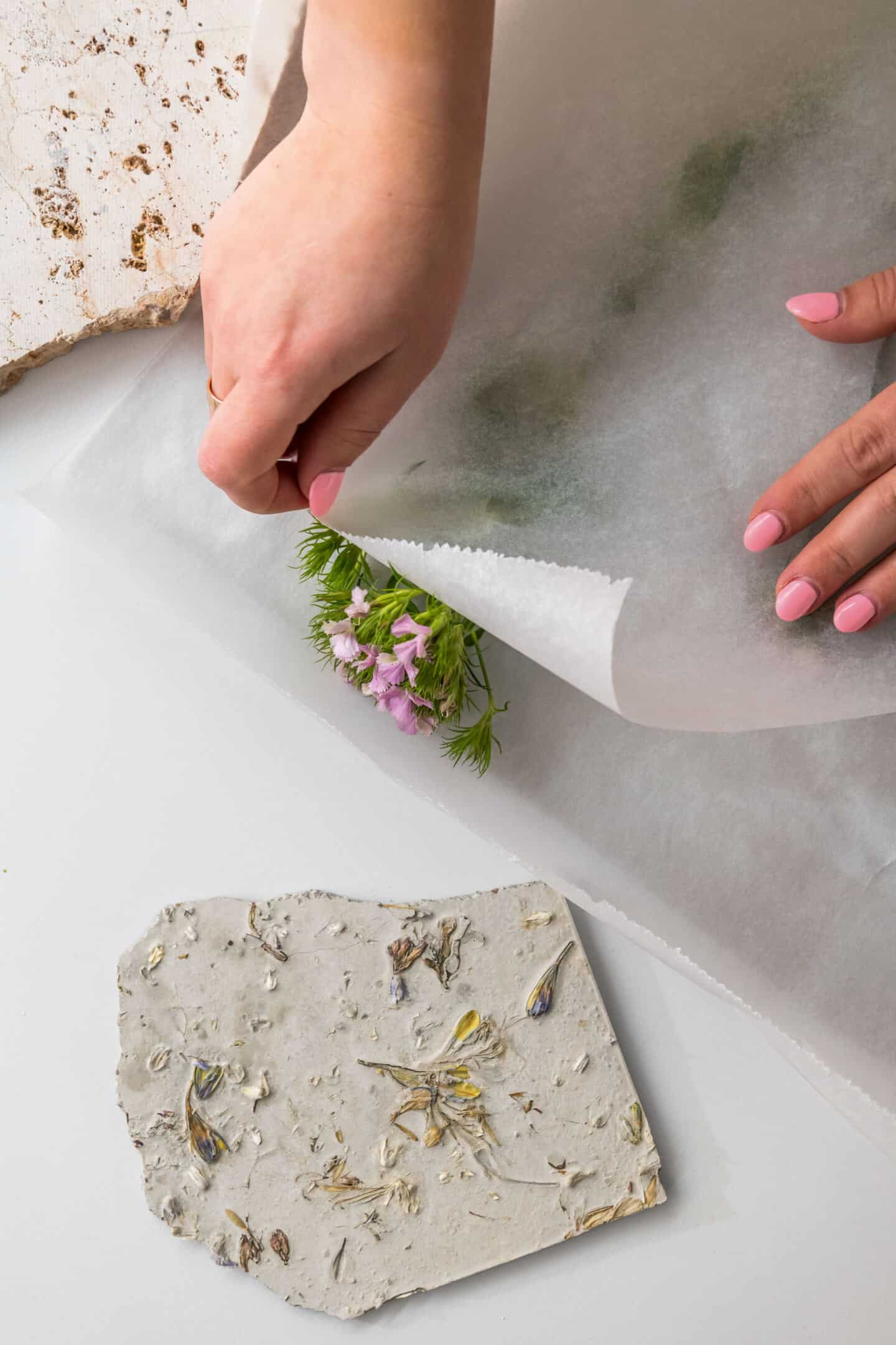 Anastasiia Kudashova, Chief Designer at Quick-Step places a flower stem between two pieces of grease proof paper. A slab of concrete with wildflowers embedded in it lays next to the paper.