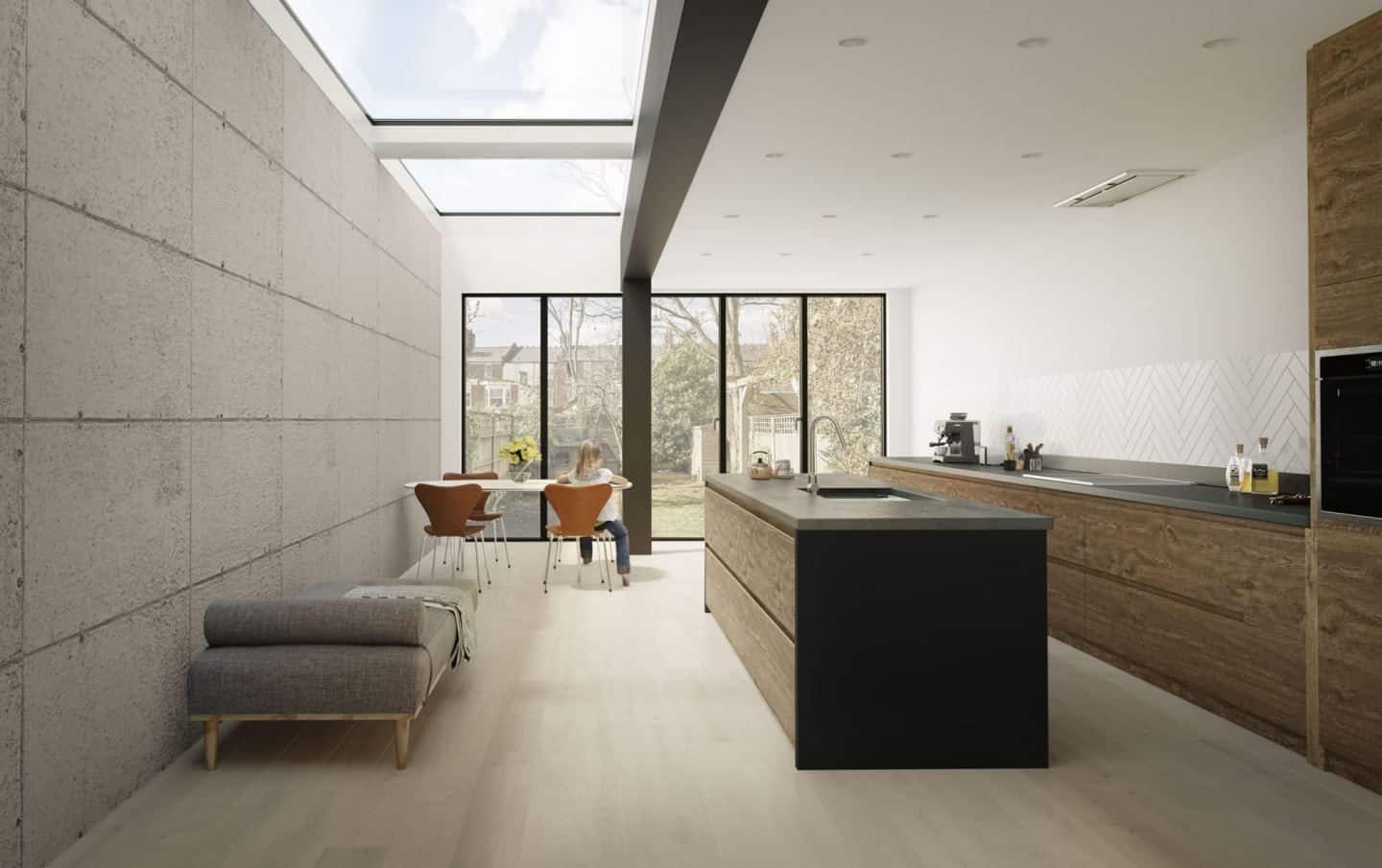 Natural light flows into this kitchen from glass doors and a flat roof light