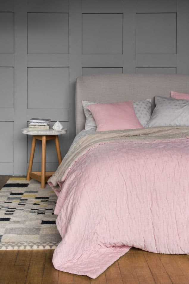 Contemporary bedroom featuring Velvet linen bedding in blush pink from Niki Jones