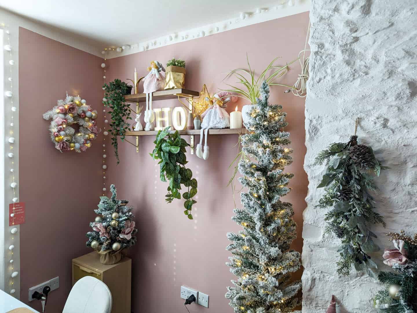 Christmas decorations in a pink home office