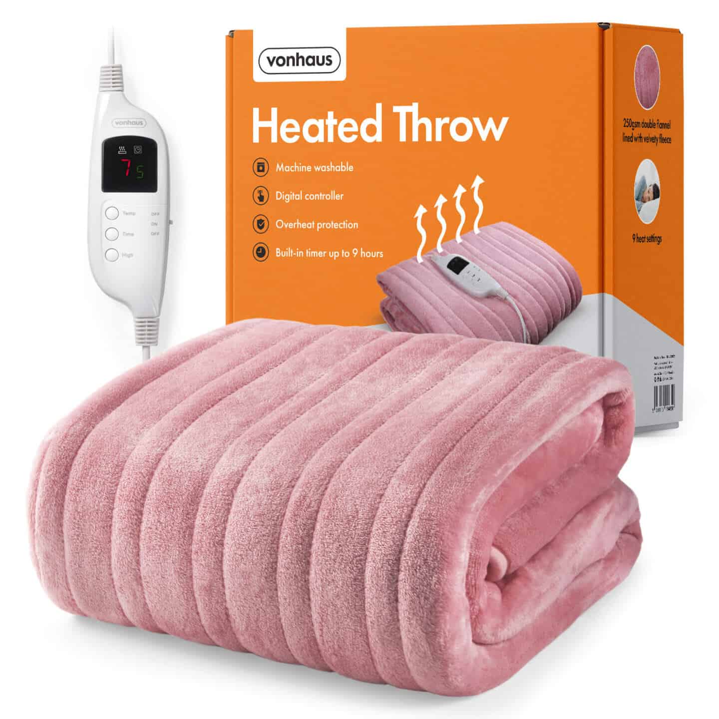 A pink heated blanket in front of the box it comes in