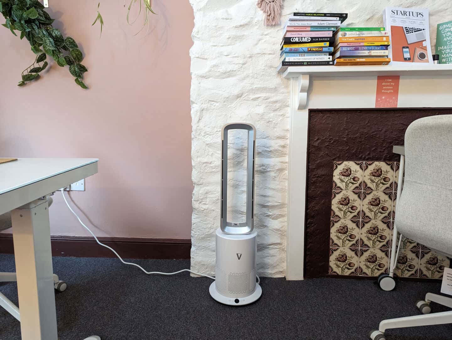 Vortex Air Bladeless Fan Heater in a small pink office