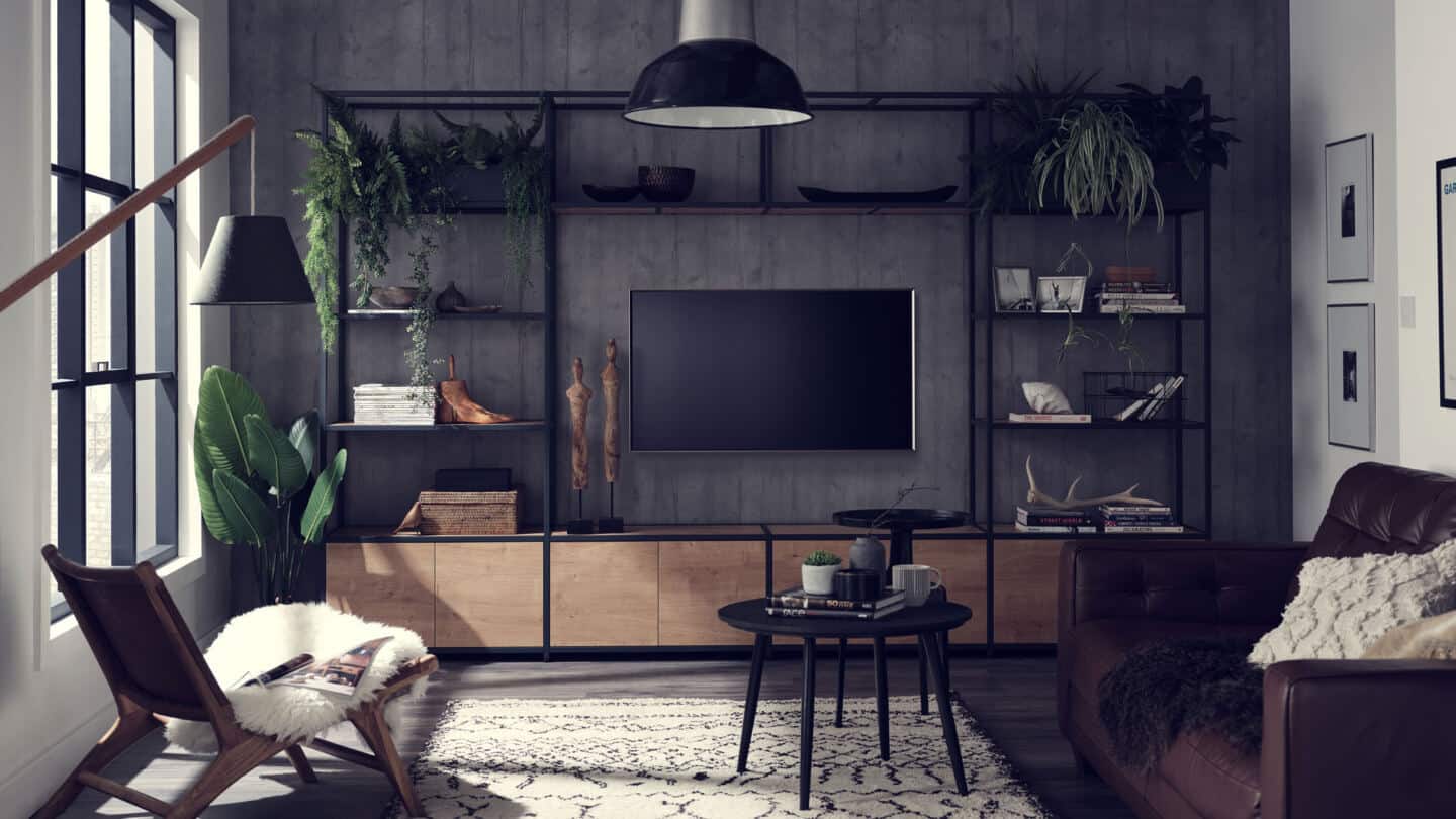 Shelved modular TV Unit with storage in an industrial style living room