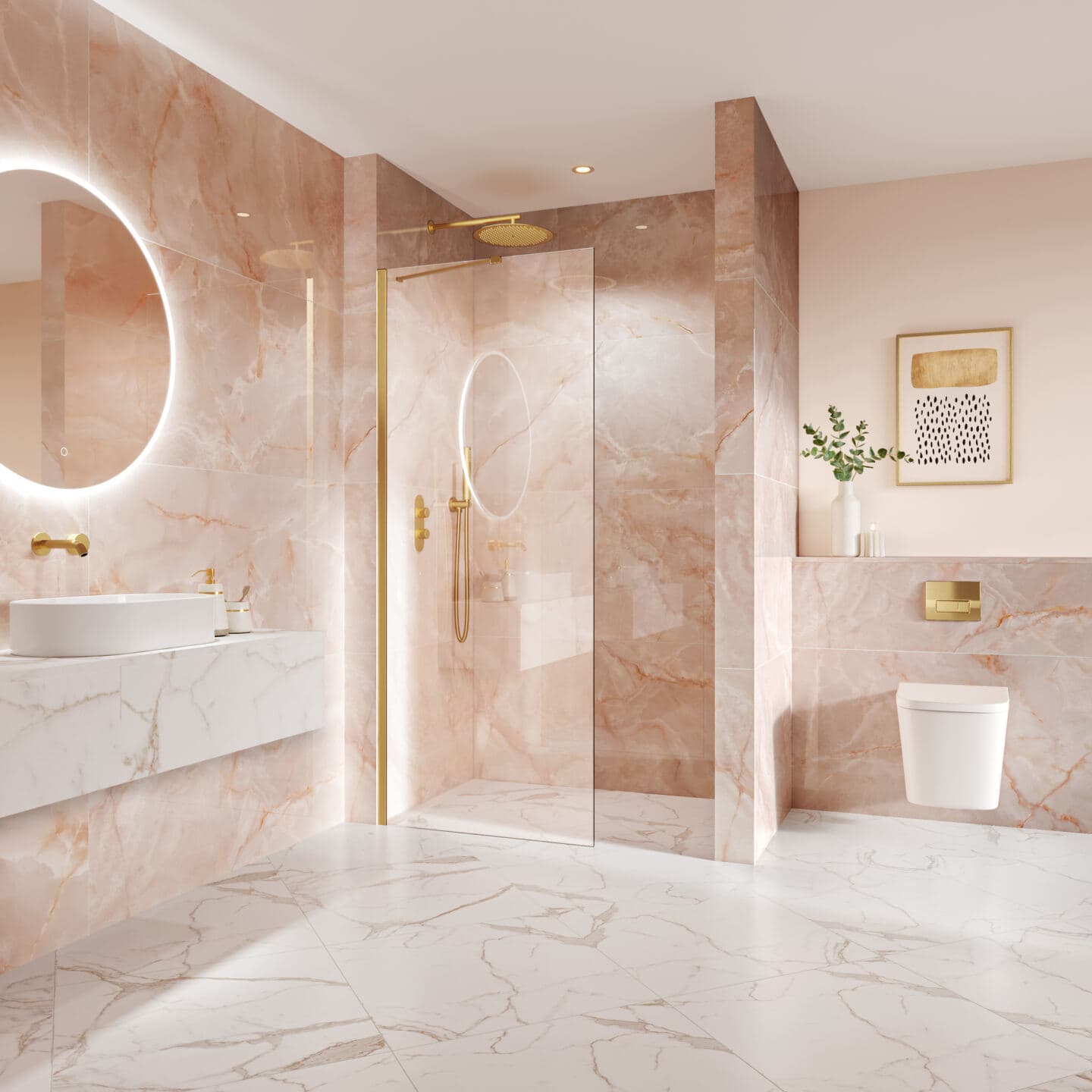 A peach bathroom with walkin shower and wall-hung toilet