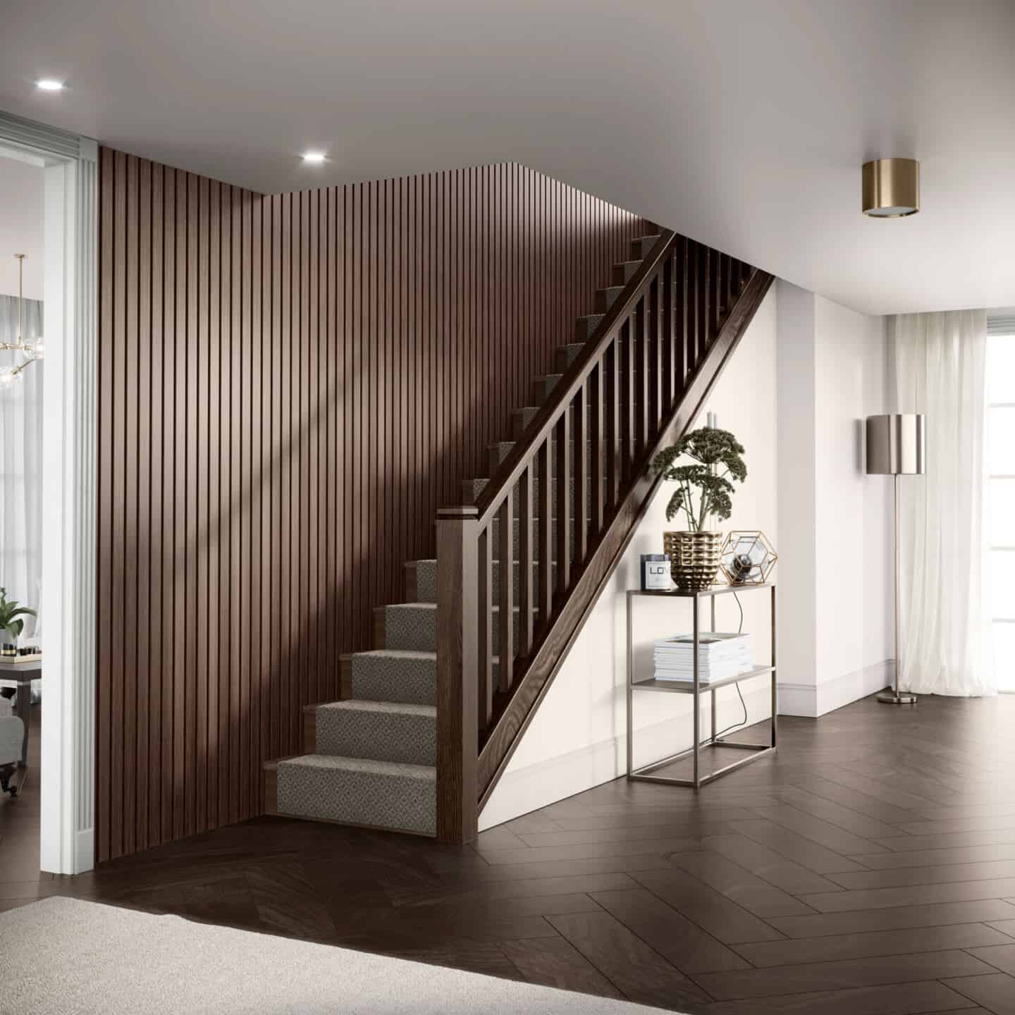 Vertical wooden slat wall runs up beside the stairs