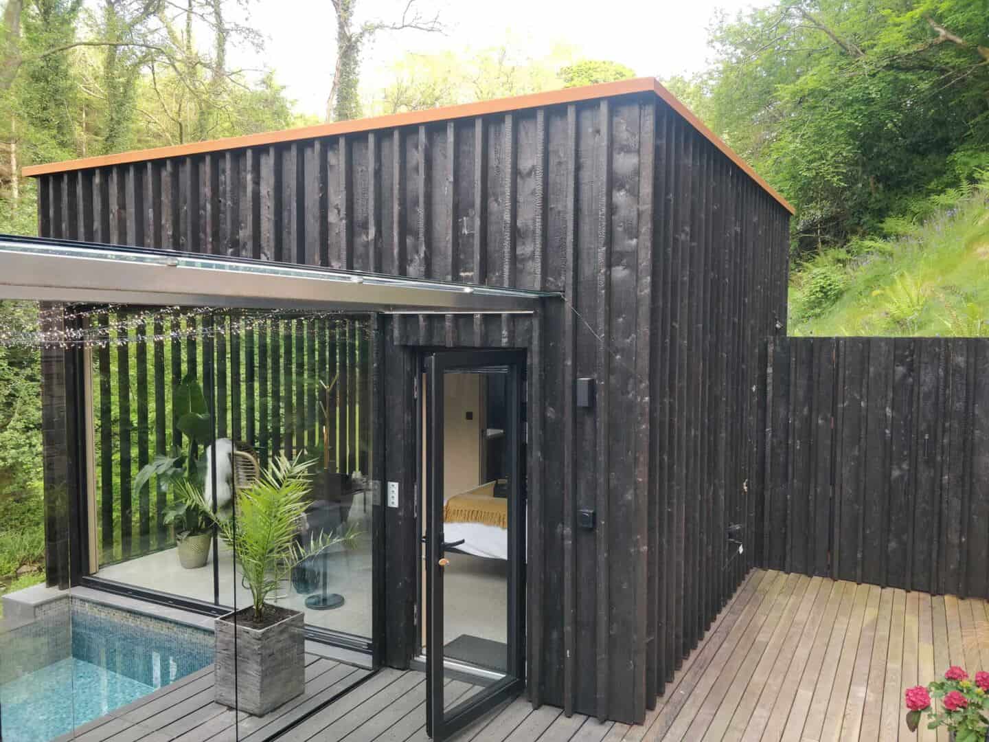 Wildwood Spa in North Devon is clad in black timber which has been treated using the Japanese technique Shou Sugi Ban 