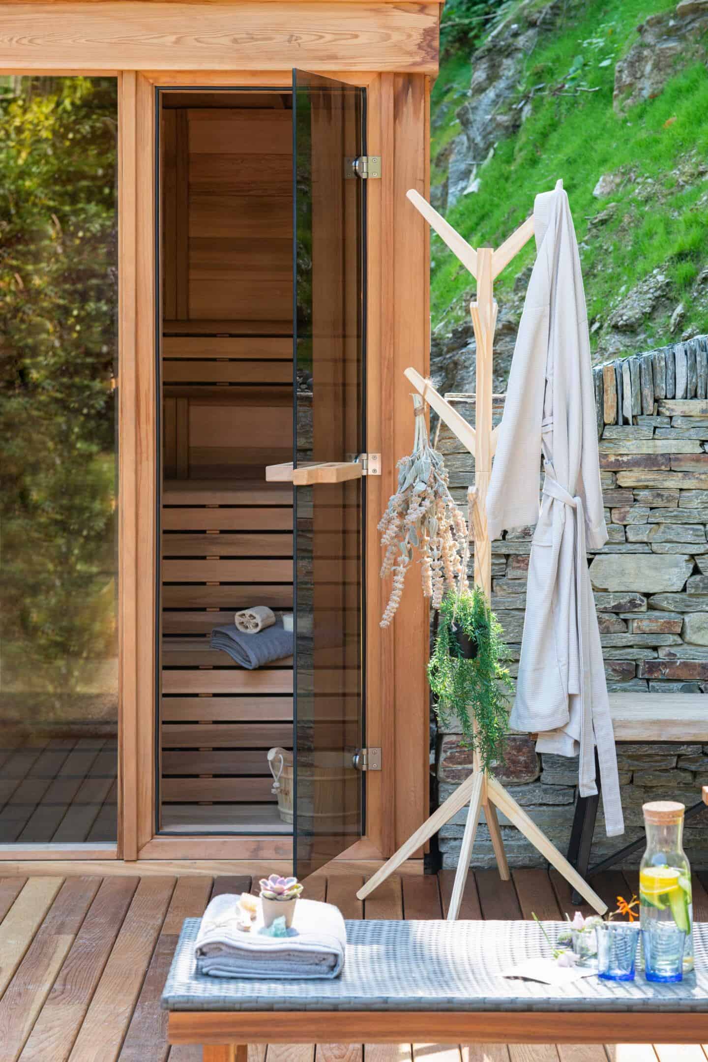 The cedar and glass sauna on the upper deck at Wildwood Spa in North Devon