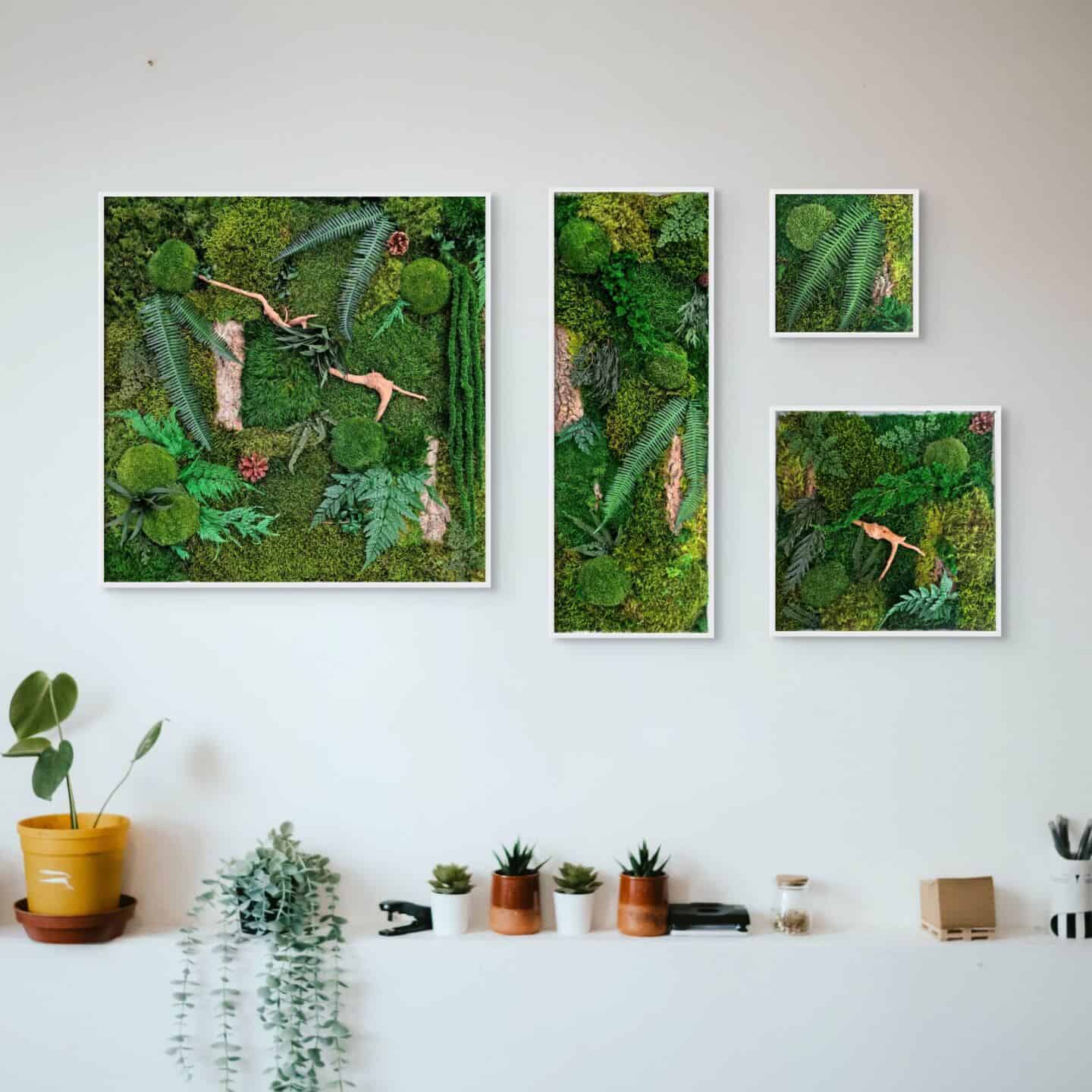 A gallery wall created from moss wall art by biophilic moss artist Paola DI Legge of Ninfa Studio