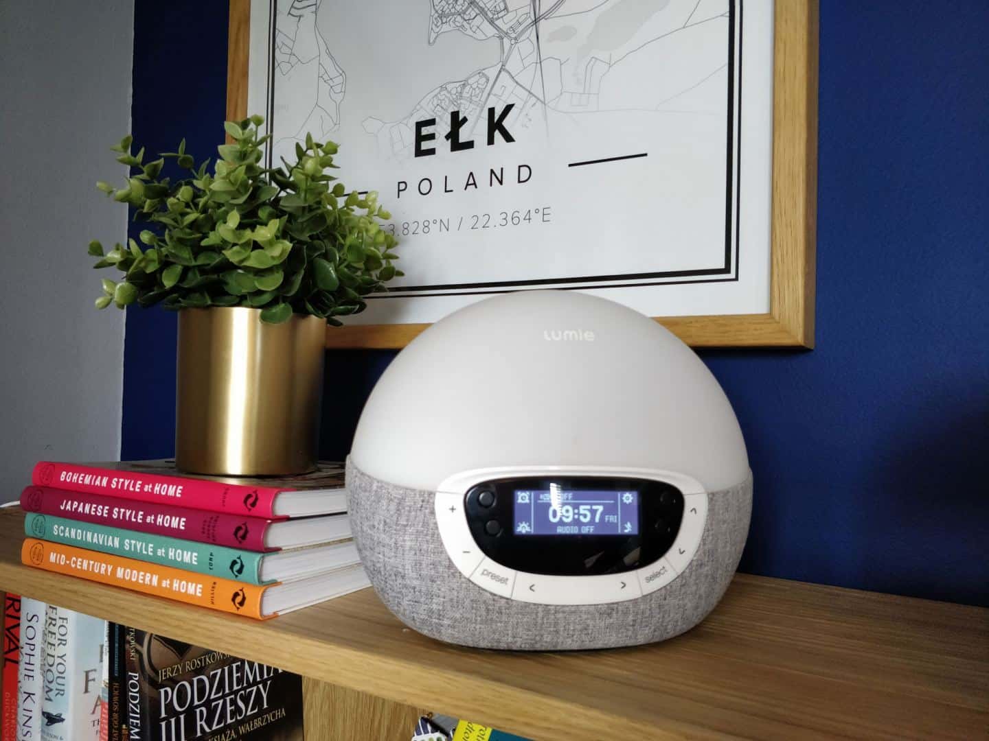 World Sleep Day 2020-5 Ways to Improve your Sleep. A Lumie Wake-up light alarm clock on a shelf